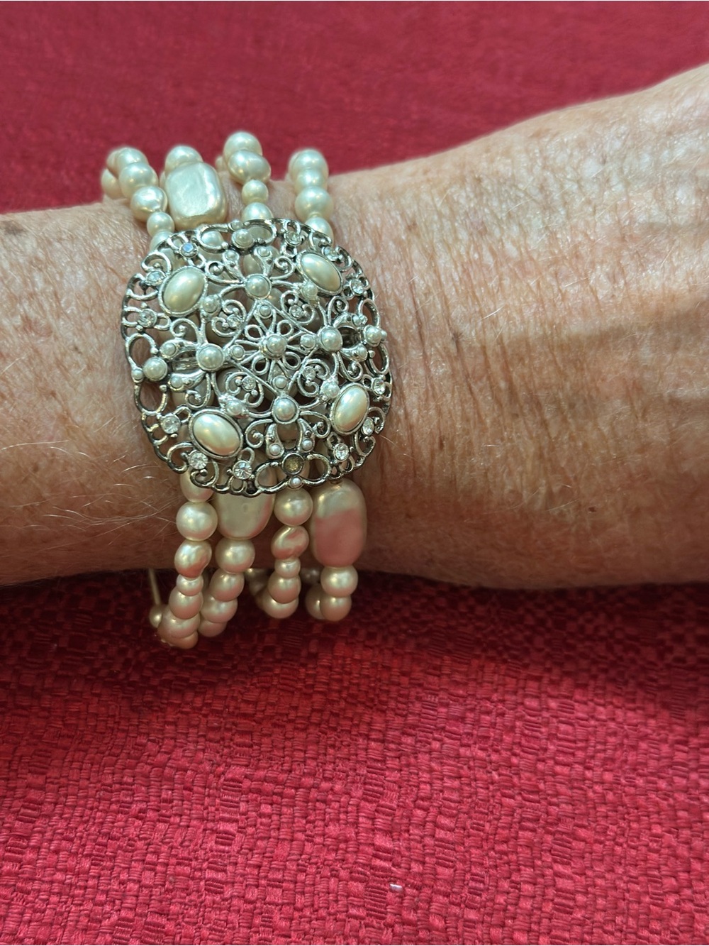 Pearl Multi-Strand Bracelet with Filigree Medallion - Cream